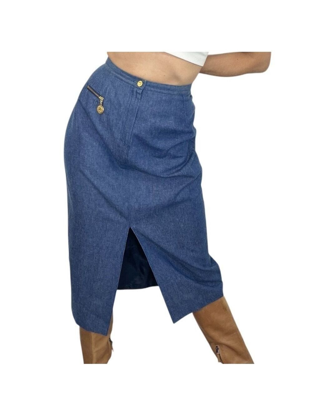 Vintage 80s 90s Valzere Sport cotton denim front slit midi pencil skirt EU 40